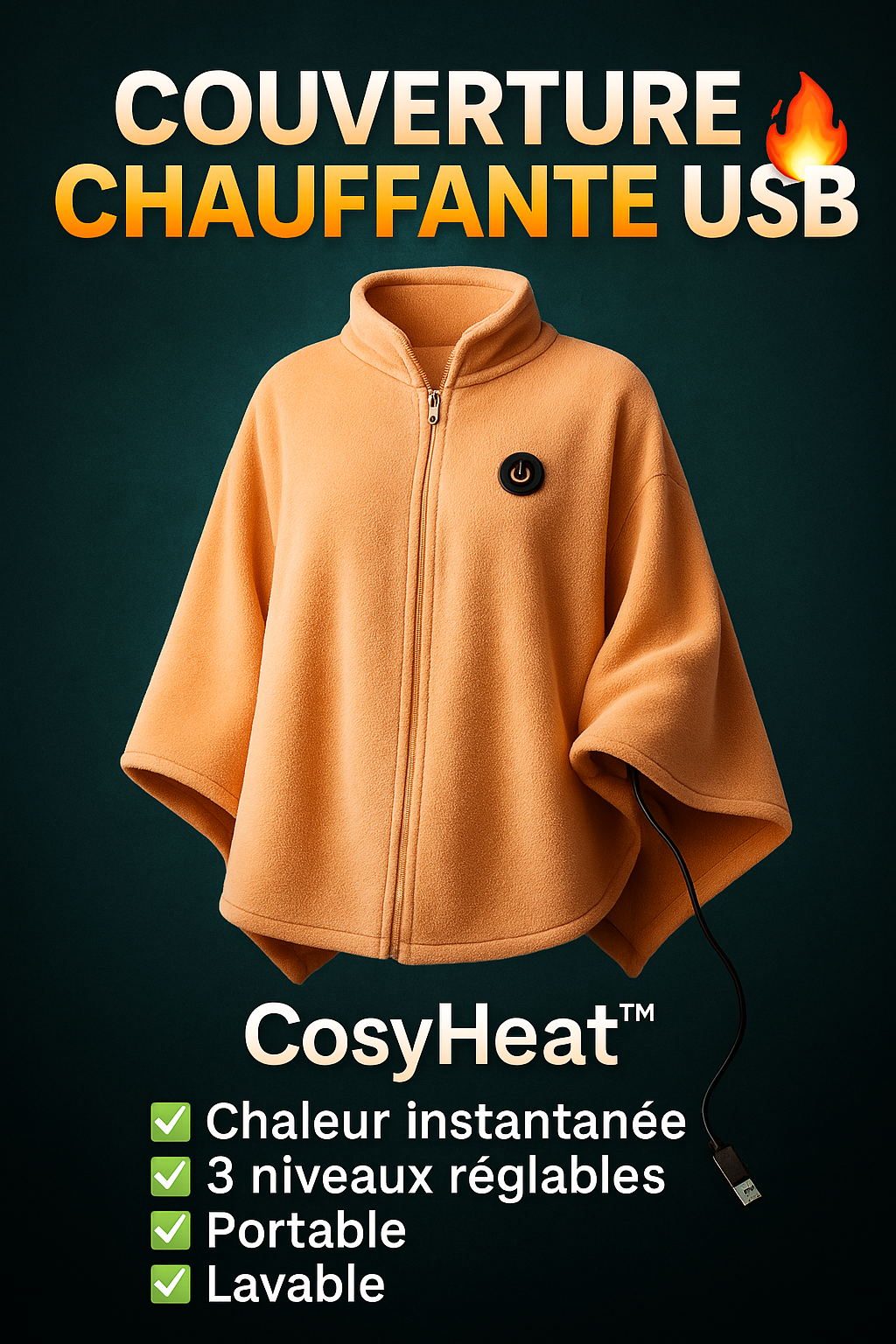 Couverture chauffante portable CosyHeat™ – se porte ou s’utilise, douce & lavable