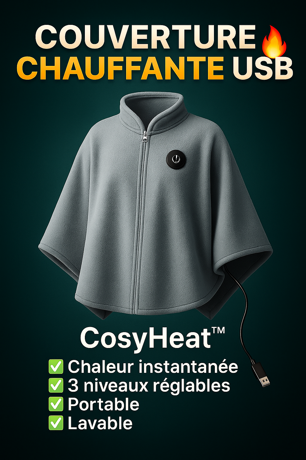 Couverture chauffante portable CosyHeat™ – se porte ou s’utilise, douce & lavable